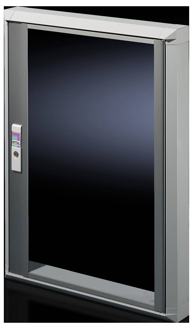 Egy téglalap alakú, ezüstkeretes tükör, oldalán egy kisméretű, modern kezelőfelülettel, fekete háttér előtt.