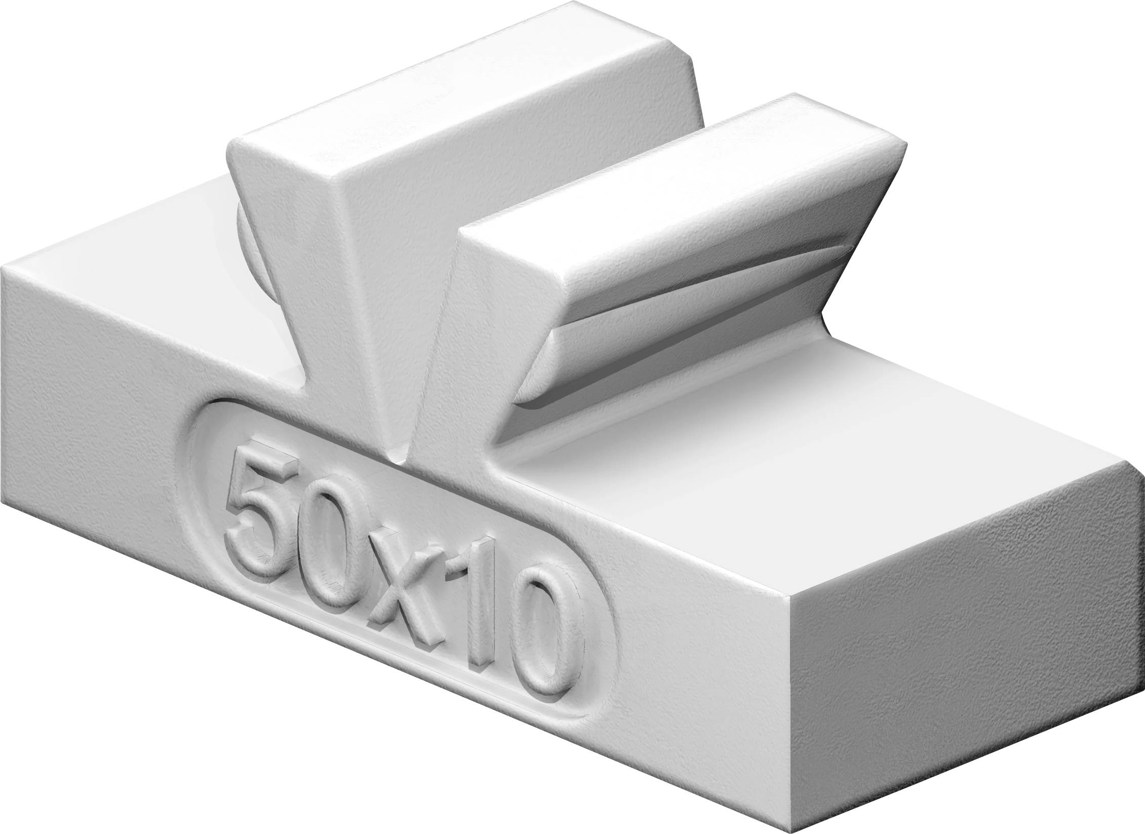 Egy fehér műanyag építőkocka, amelybe '50x10' felirat van gravírozva. A kocka téglalap alakú és két kiemelkedéssel rendelkezik a tetején.