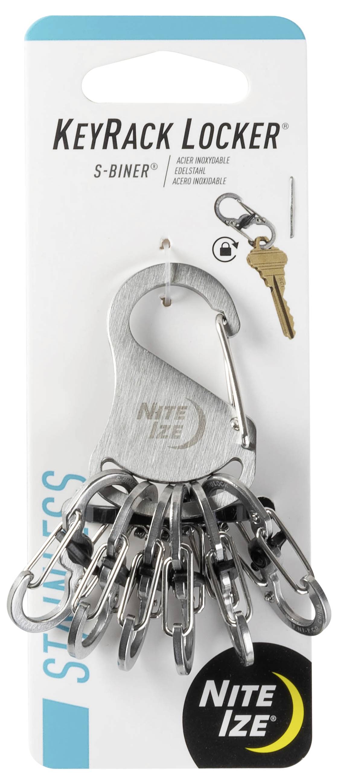 Egy Nite Ize KeyRack Locker csomag egy S-Biner karabinerrel, több összekapcsolt klipsz megjelenítésével.