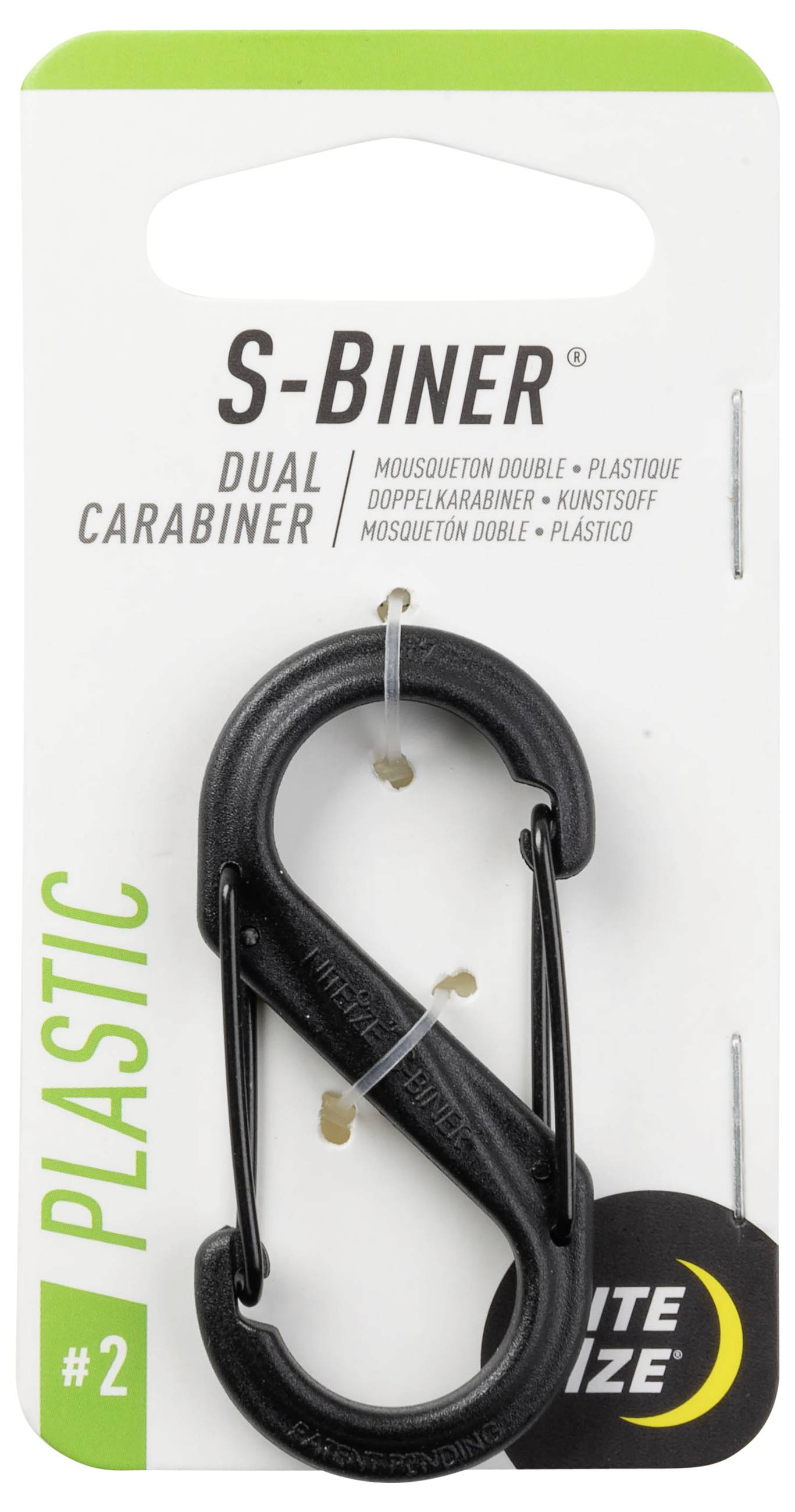 'S-Biner Dual Karabiner' csomag, amely egy fekete műanyag S-alakú klipet mutat tárgyak rögzítésére.