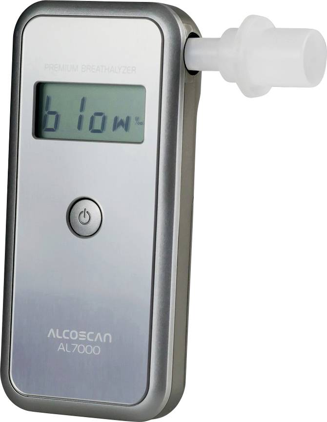 Egy ezüstszínű alkoholszonda kijelzővel és fúvókával a 'Fújjon' szöveget mutatja.