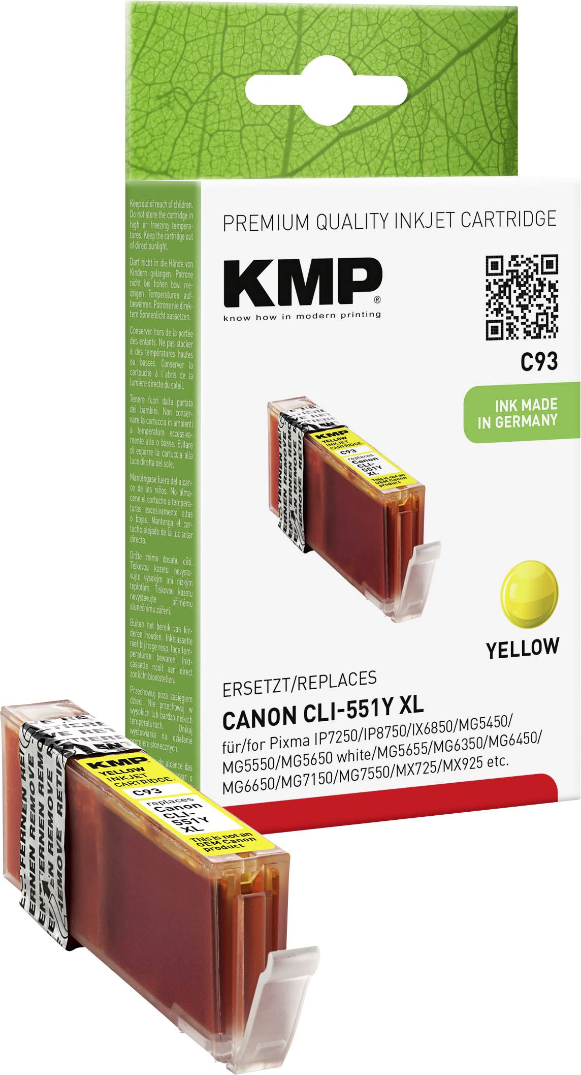 Canon CLI-551Y XL sárga tintapatron a KMP-től, kompatibilis több Canon Pixma modellel, zöld dobozban csomagolva.