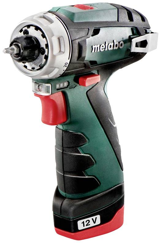 Metabo 12V akkus fúrócsavarozó zöld-fekete színben, piros kioldógombbal és oldalsó övcsipesszel, kompakt és ergonomikus kialakítással.