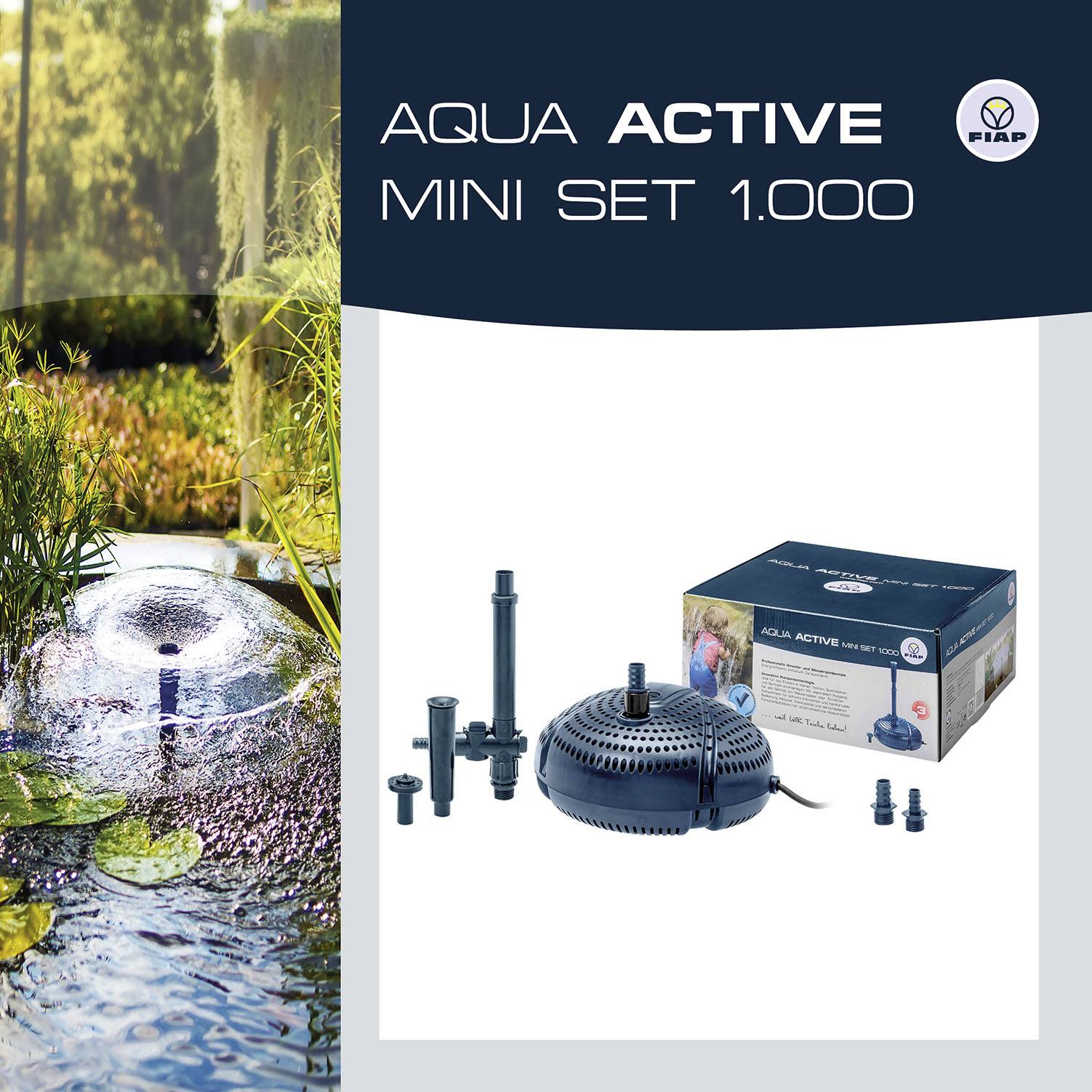 Az 'Aqua Active Mini Set 1.000' termékbemutató. Egy szökőkutat és szóróberendezéseket mutat, valamint a termék csomagolását.