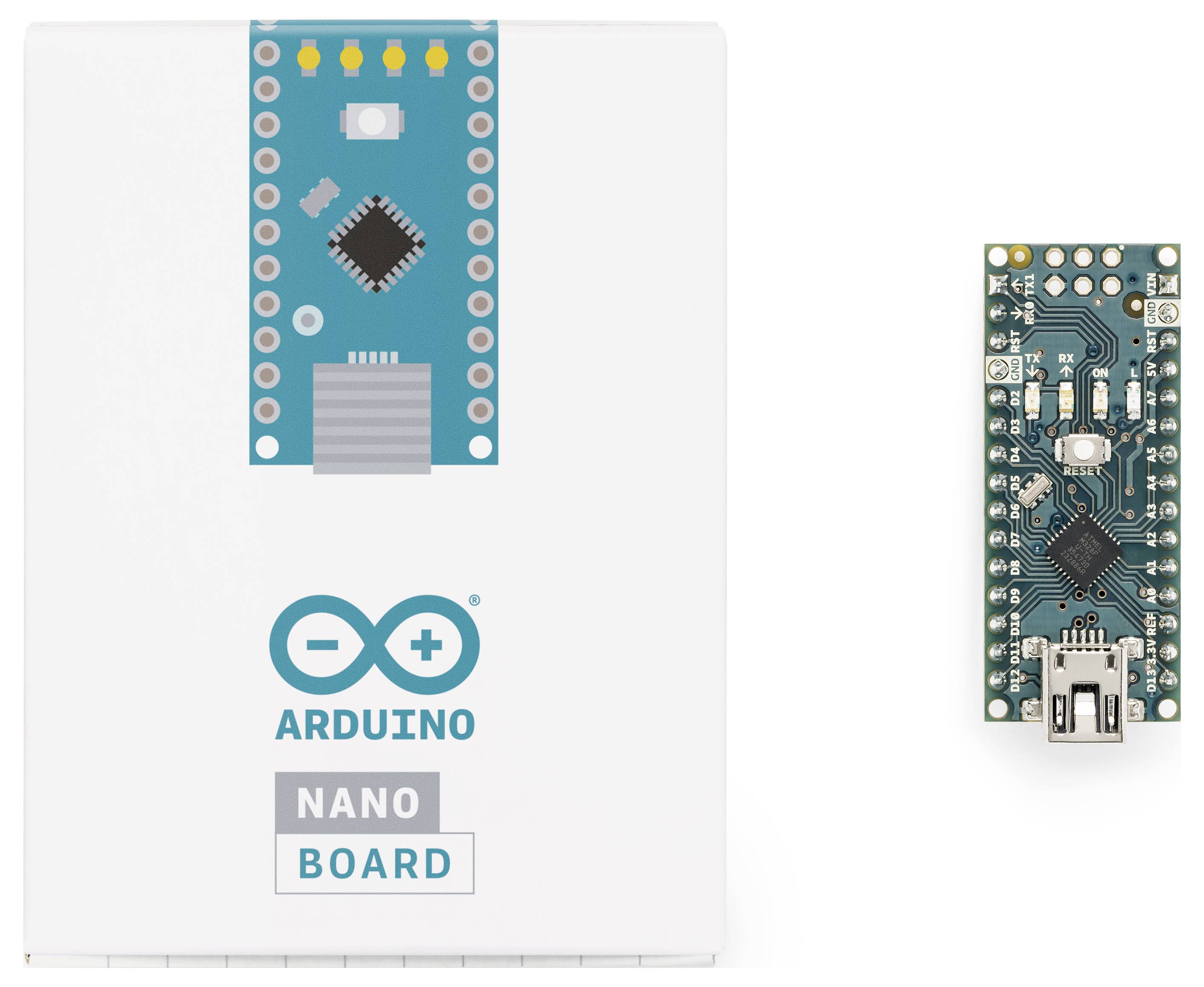 Arduino Nano tábla termékkartona egy kicsi kékeszöld Arduino Nano áramköri lap mellett, fehér háttéren megjelenítve.