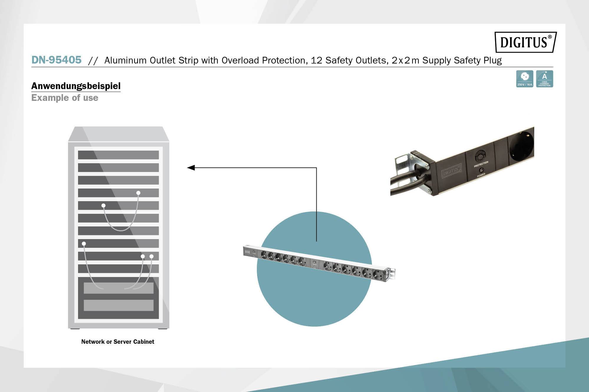 'Alkalmazási példa': Egy elosztó látható, amely egy szerver- vagy hálózati szekrénybe csatlakoztatva van.