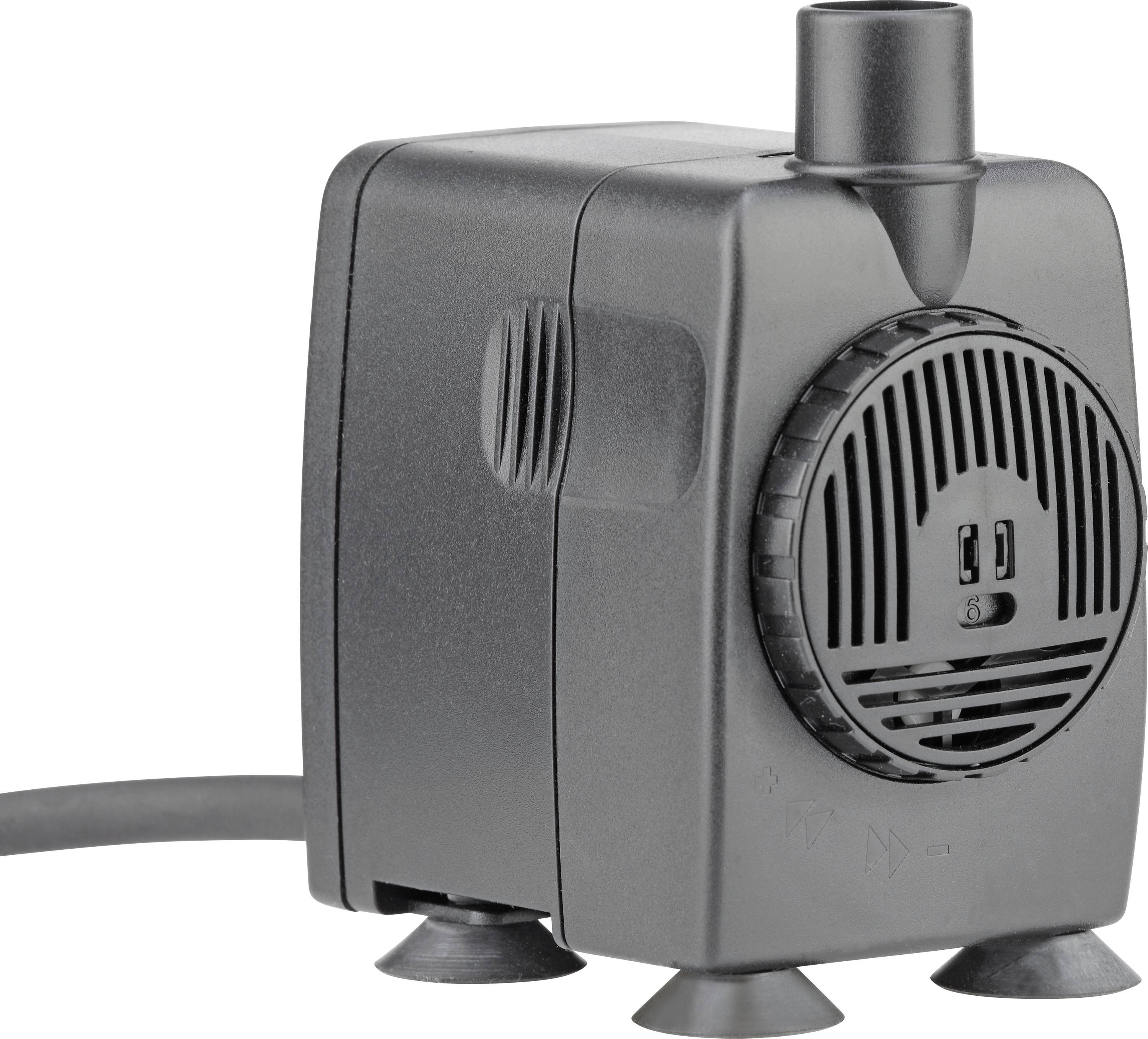 Egy kis fekete víziszivattyú kerek szellőzőnyílással és két tapadókoronggal, akváriumi vagy kisebb vízfelületek számára tervezve.