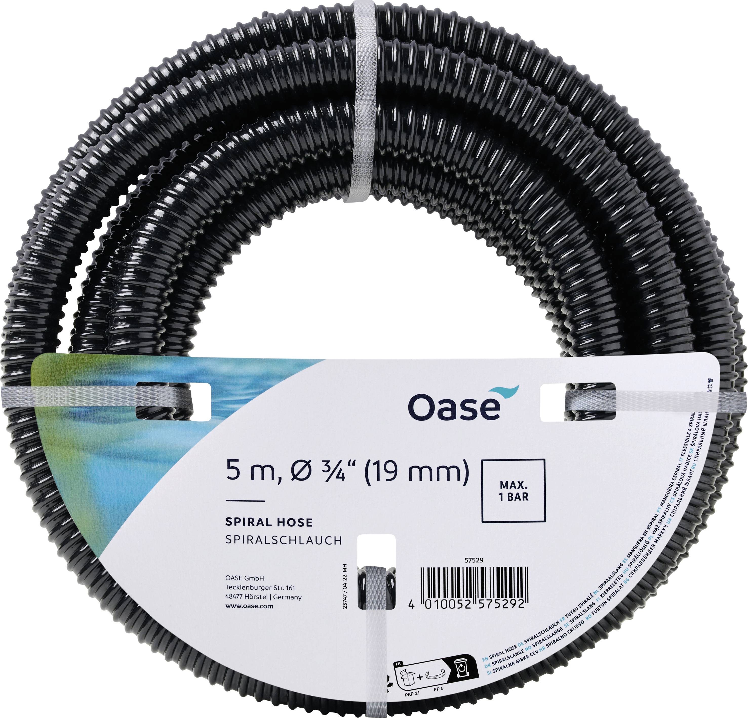 'Fekete spirál tömlő, 5 méter hosszú és 19 mm átmérőjű, Oase márkájú. Max nyomás: 1 bar.'