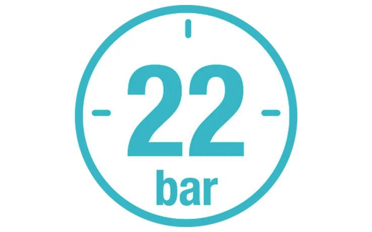 Egy kék mérőműszer '22 bar' értéket mutat, jelezve a nyomásszintet.