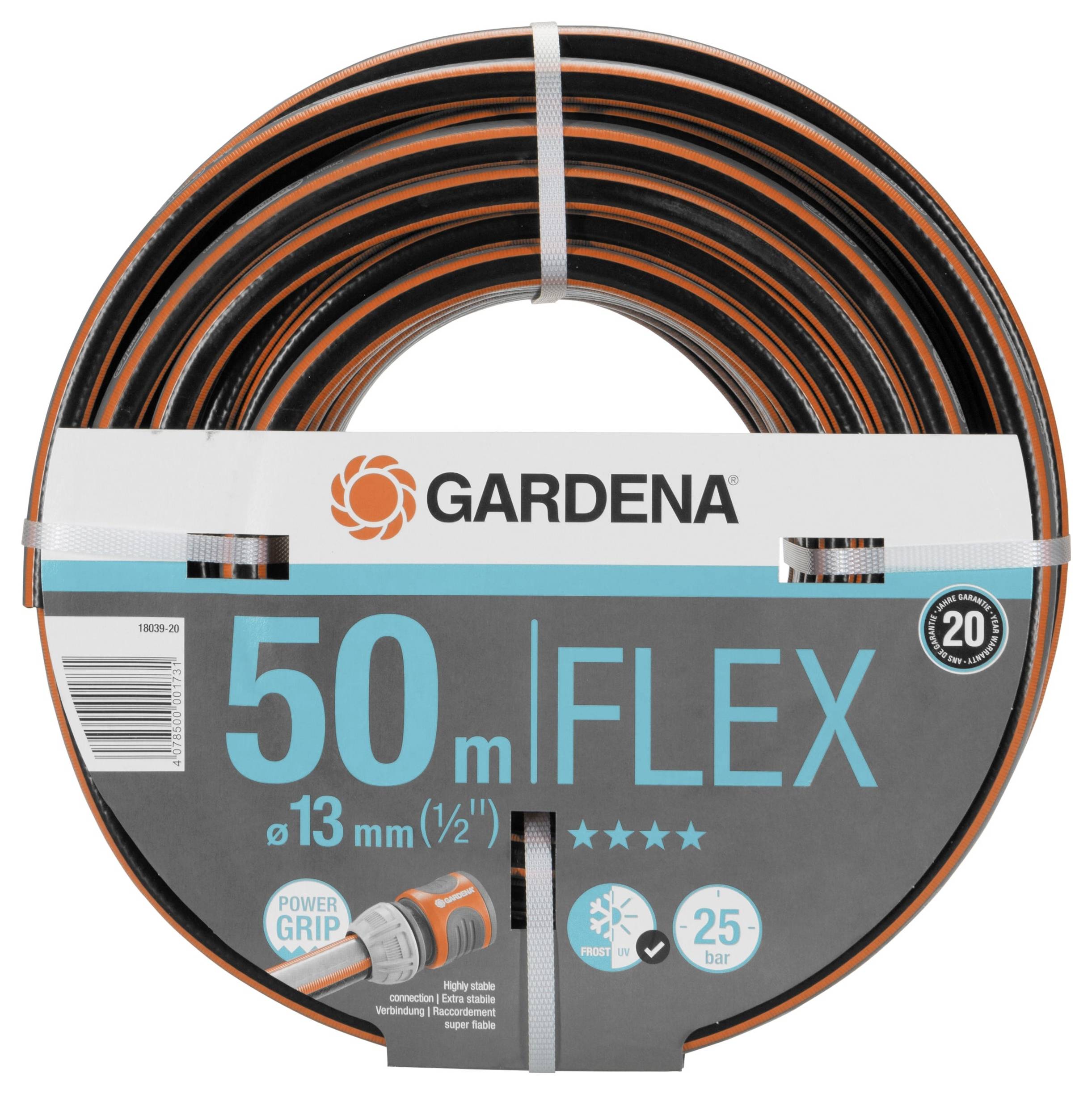 Gardena Flex kerti tömlő, 50m, 13mm átmérő, "Power Grip" technológiával és 25 Bar nyomásállósággal, ajánlott rugalmas kertészeti felhasználásra.