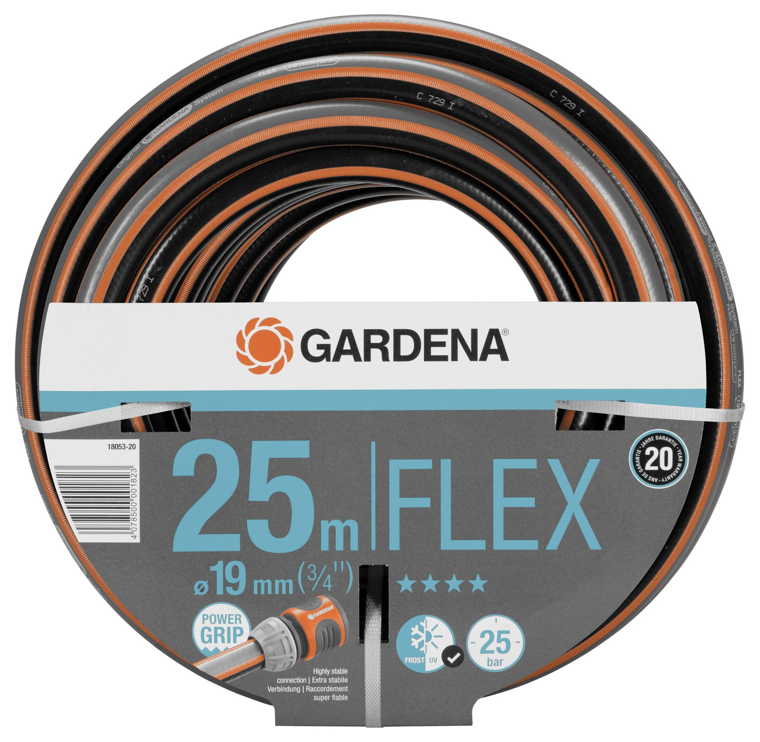 Kerti öntözőtömlő tekercsen, Gardena márka, 25 méter hosszú, 19 mm átmérőjű, Flex-modell Power Grip technológiával.