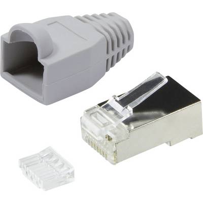 'RJ45 csatlakozó fém érintkezővel, átlátszó műanyag burkolattal és szürke húzásvédő cipővel, Ethernet-kábel készítéshez használt.'