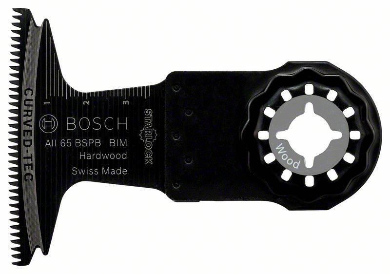 Multifunkcionális fűrészlap 'Bosch, Swiss Made, Hardwood' felirattal. Fafeldolgozásra tervezett, Starlock rögzítési rendszerrel ellátott pengéről van szó.