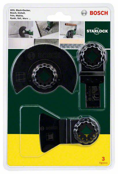 Bosch Starlock kiegészítő szett eredeti csomagolásban. Három fűrészlapot tartalmaz. Kompatibilis márkákkal, mint például Bosch, Makita, Ryobi.