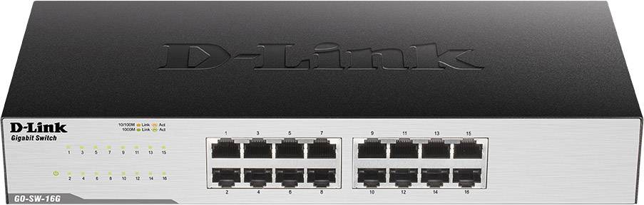 Egy D-Link Gigabit Switch 16 Ethernet-porttal, amely alkalmas több eszköz összekapcsolására otthoni vagy irodai hálózatban.