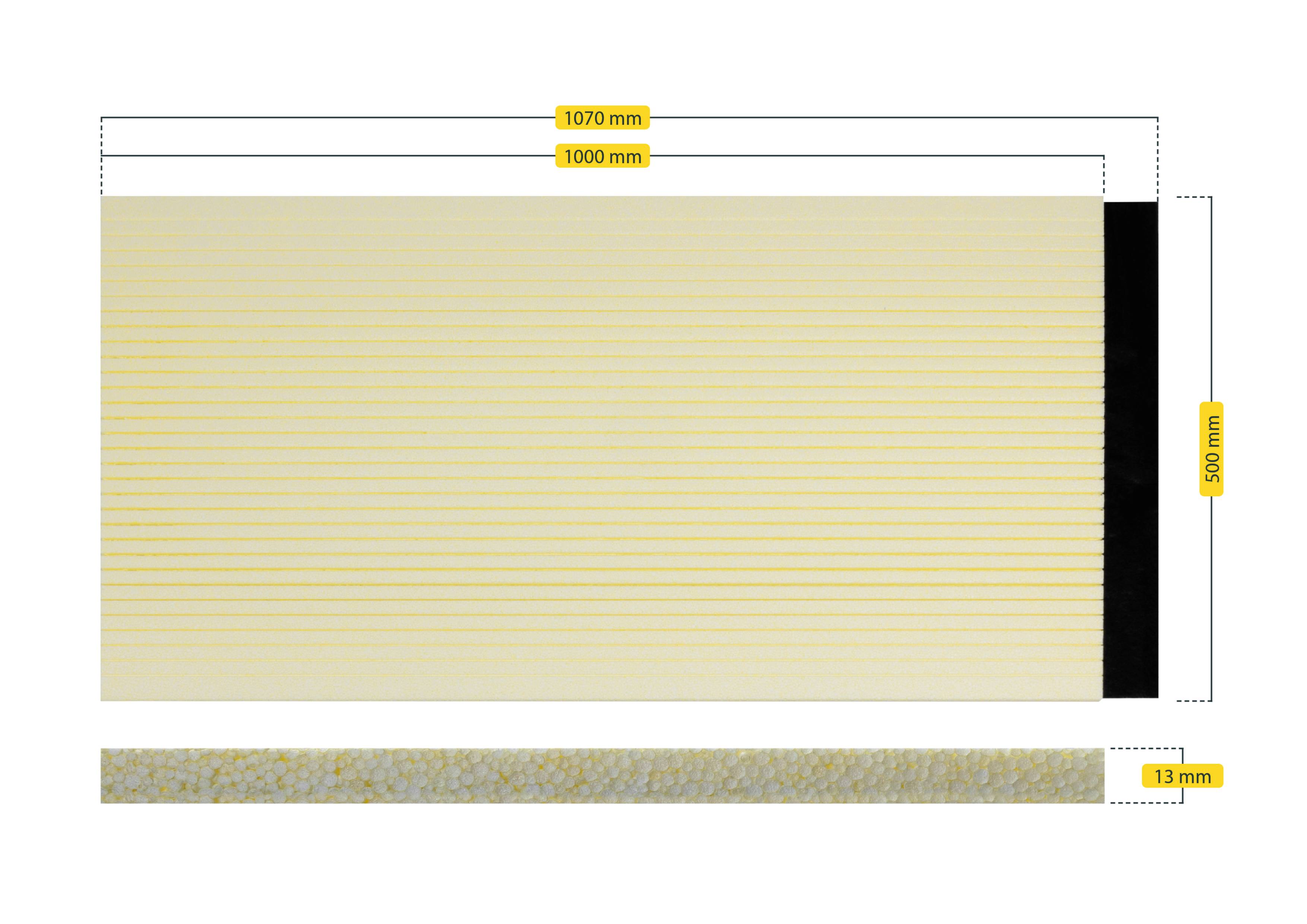 Sárga PVC-lemez vízszintes vonalakkal, 1070 mm x 500 mm méretben. Egy fekete csík a jobb szélén. Szélessége 13 mm.