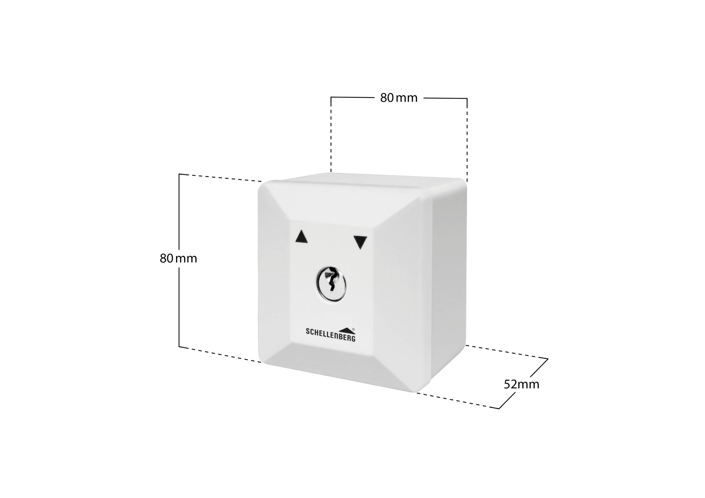 Egy fehér, téglalap alakú motor, 80 mm x 80 mm x 52 mm méretekkel és két nyíl gombbal az elején, 'Schellenberg' márkajelzéssel.