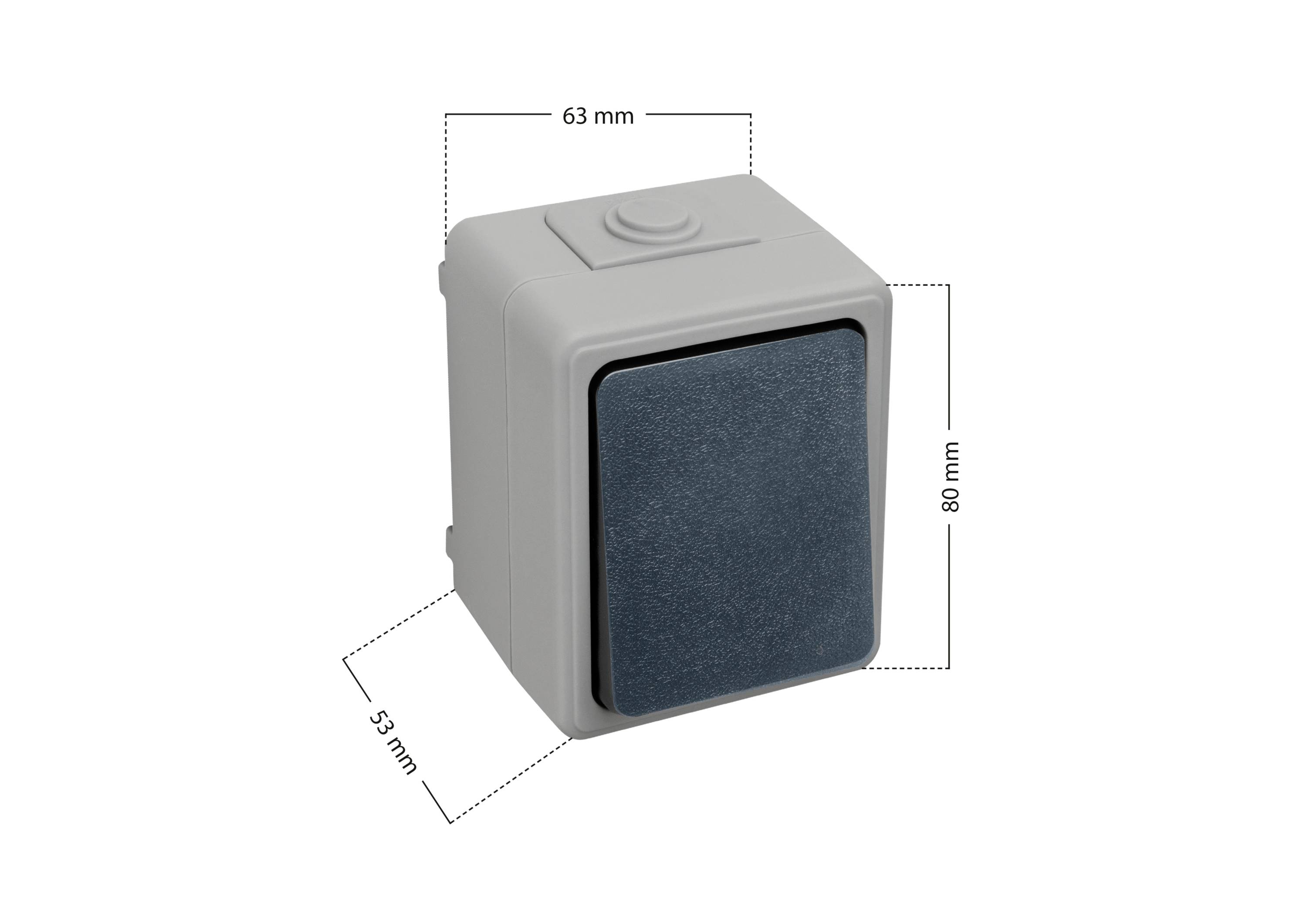 'Szürke elektromos fali kapcsoló 80 mm x 63 mm x 53 mm méretben.'