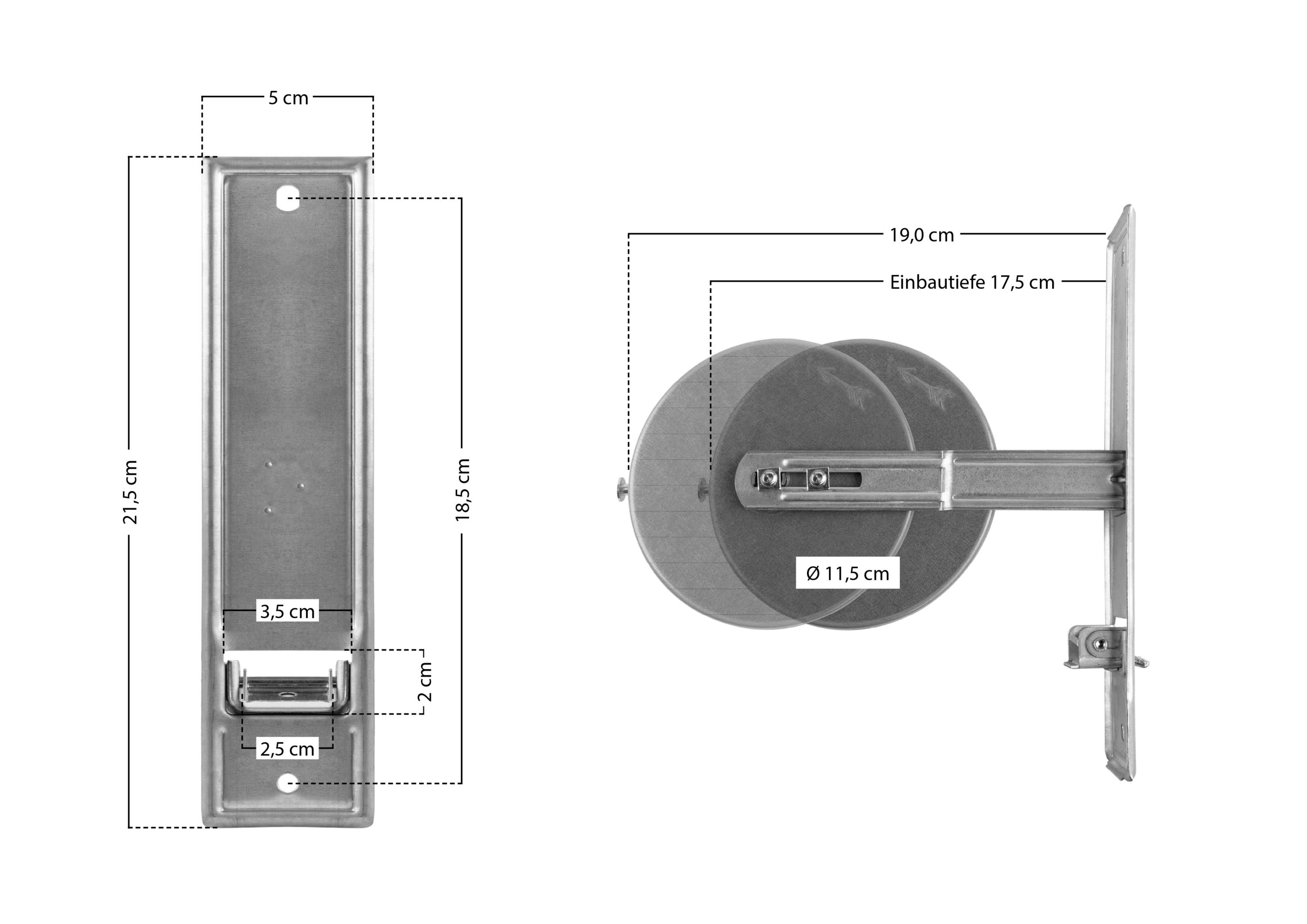 'Egy fali tekercsállvány műszaki rajza méretekkel: magasság 21,5 cm, szélesség 3,5 cm. Két tekercs 11,5 cm átmérővel, beépítési mélység 17,5 cm.'