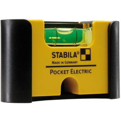 'Stabila' vízmérték sárga színben, fekete házzal és zöld libellával. Szövegnyomat: 'Made in Germany' és 'Pocket Electric'.