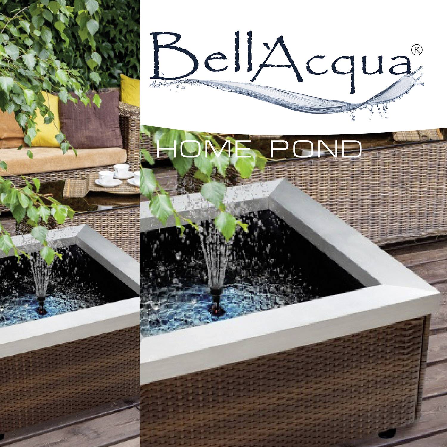Egy modern, négyzet alakú szökőkút egy teraszon rattanbútorokkal. A 'BellAcqua' márka és a 'Home Pond' felirat látható.