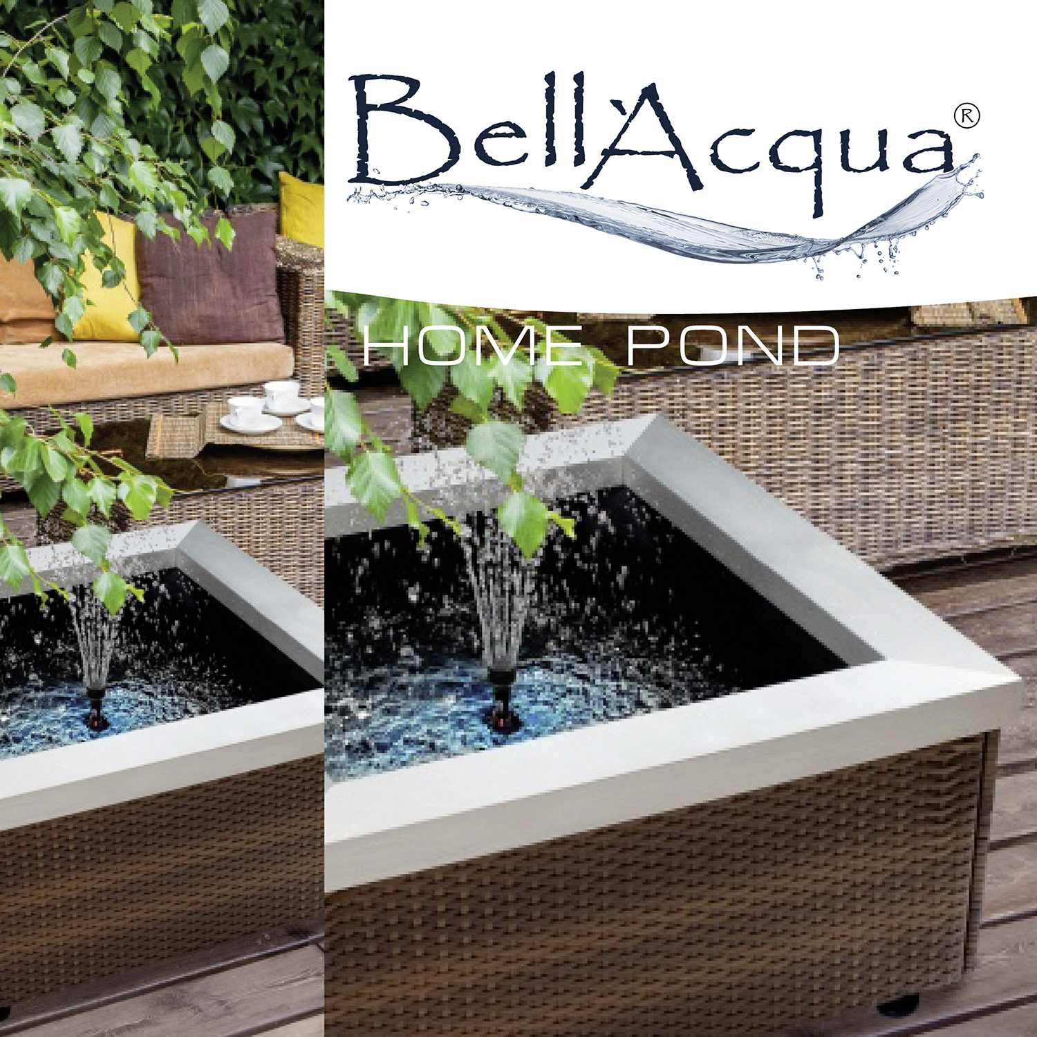 Egy modern, négyzet alakú szökőkút egy teraszon rattanbútorokkal. A 'BellAcqua' márka és a 'Home Pond' felirat látható.