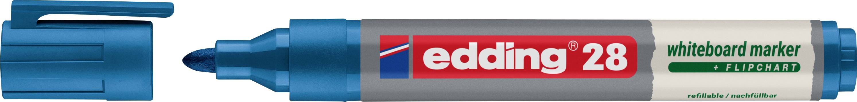 Kék Edding 28 táblamarker, sapkával és vésett csuccsal, „whiteboard marker" és „flipchart" felirattal.