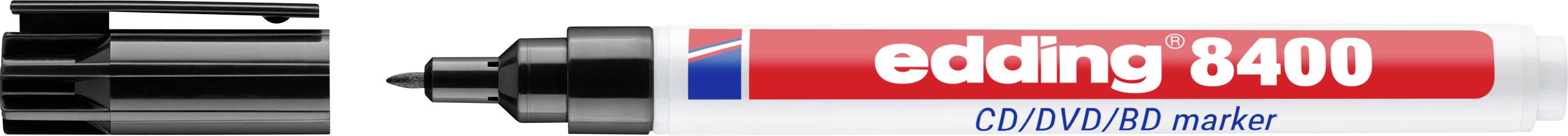Edding 8400 CD/DVD/BD marker pen fekete kupakkal, amely a piros-fehér márkajellel ellátott csomagolásban látható.