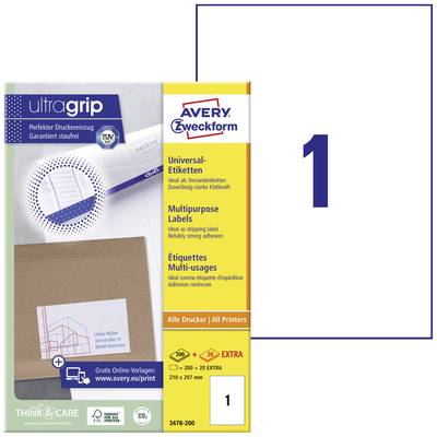 Avery-Zweckform 3478-200 210 x 297 mm Papír Fehér 200 db Véglegesen tapadó Univerzális etikett 200 lap DIN A4