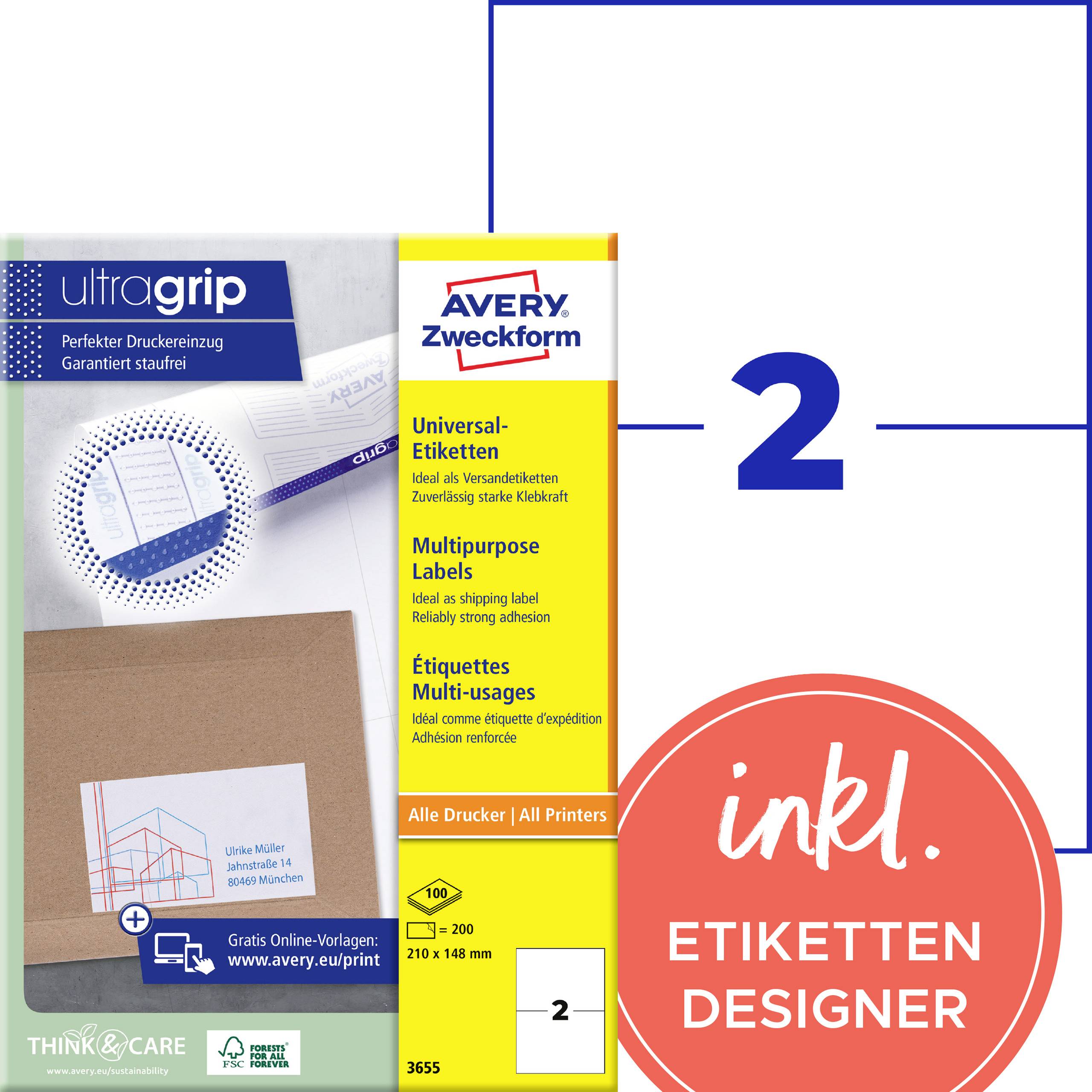 'UltraGrip Universal-címkék az Avery Zweckform-tól, ideálisak szállítási címkékhez. Ingyenes online sablonok.'