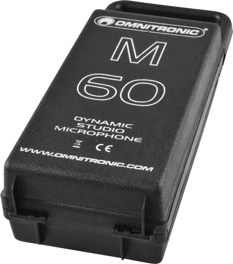 Egy dinamikus stúdiómikrofon 'OMNITRONIC M60' fekete csomagolása fehér nyomattal.