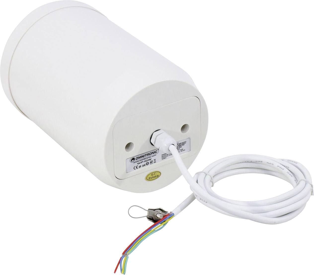 Egy hengeres, fehér elektronikus eszköz csatlakozókábel-bemenetekkel és egy kiemelkedő, többszínű kábelsávval.