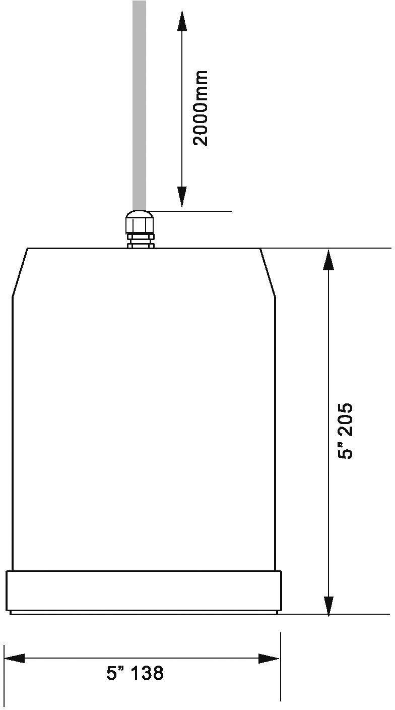 Egy hengeres eszköz vázlata, 205 mm magassággal és 138 mm szélességgel. Egy kábel vezet felfelé, 2000 mm hosszúságban.