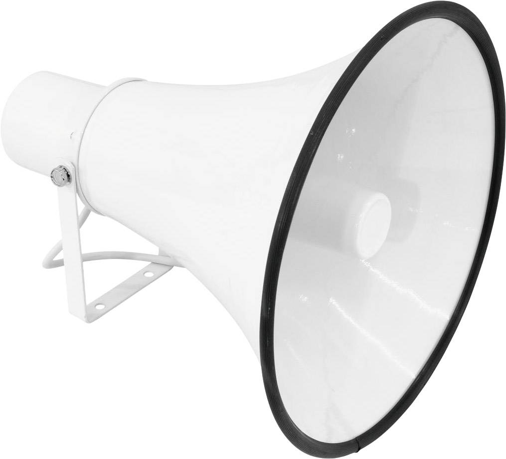 Fehér megafon hangszóró fekete szegéllyel, oldalnézetben.