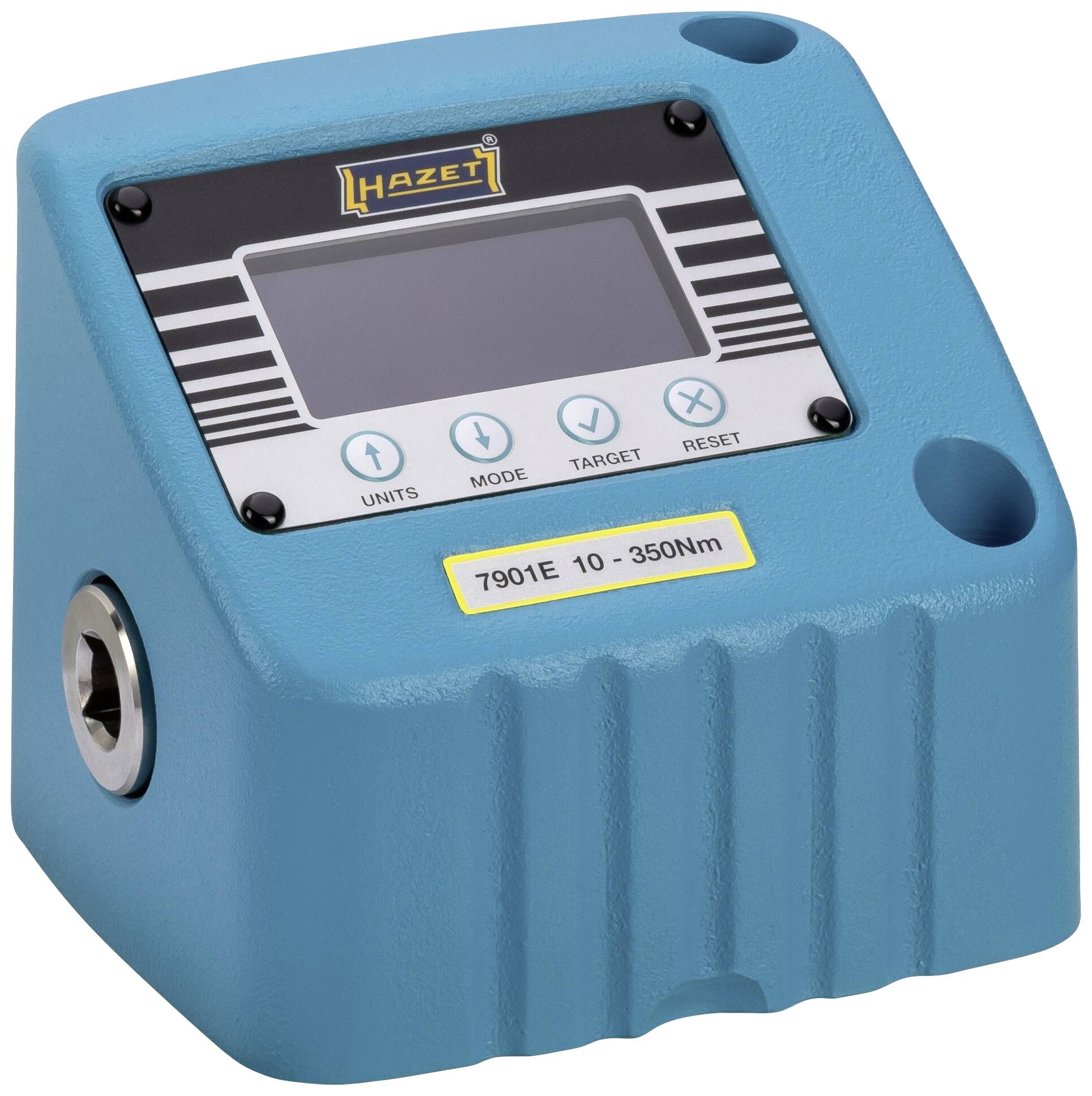 Egy kék digitális nyomatékmérő Hazet márkától, kijelzővel, amely mutatja az egységeket, módot, célértéket és visszaállítást.