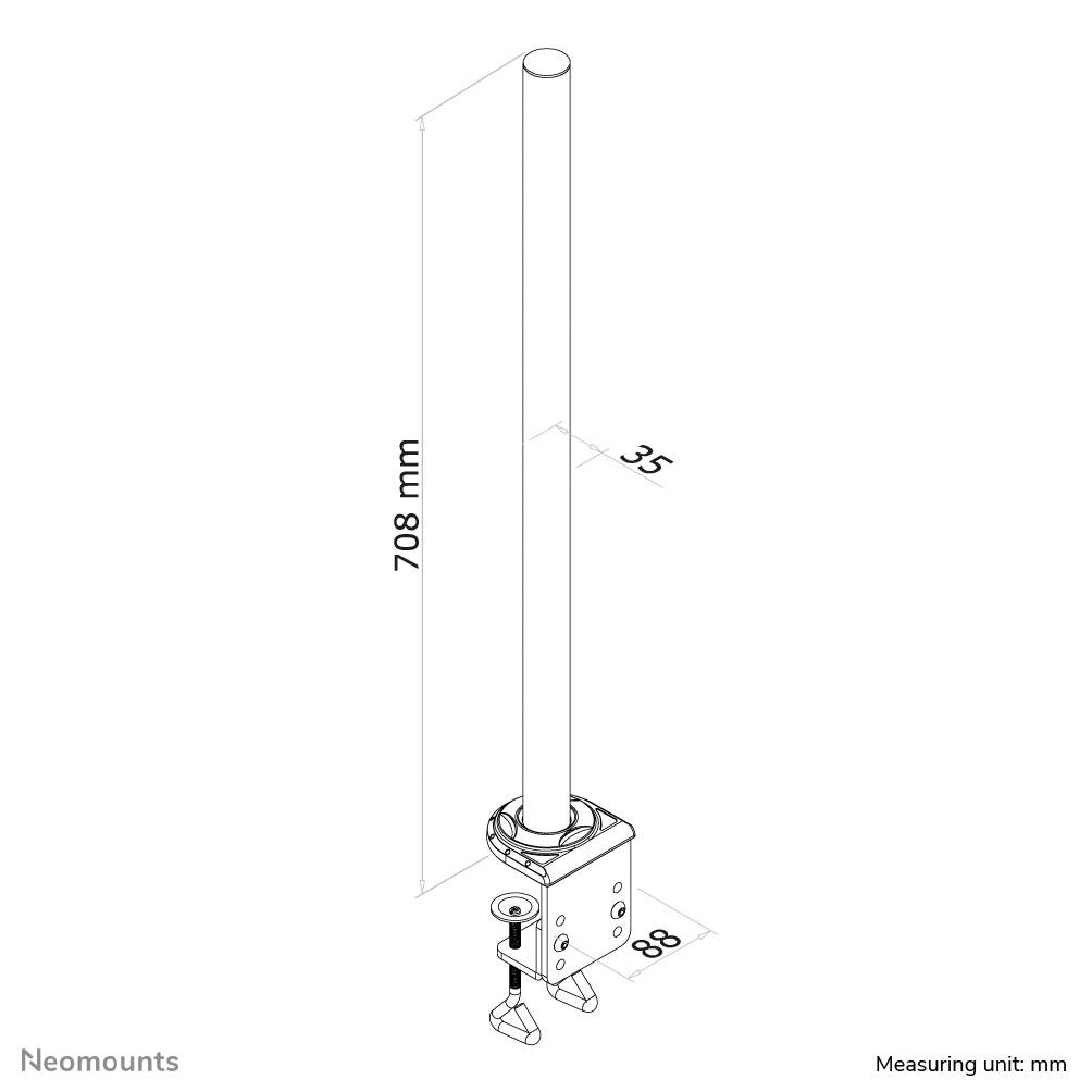 Egy 708 mm hosszúságú és 35 mm átmérőjű függőleges cső műszaki rajza, alapzatra szerelve.