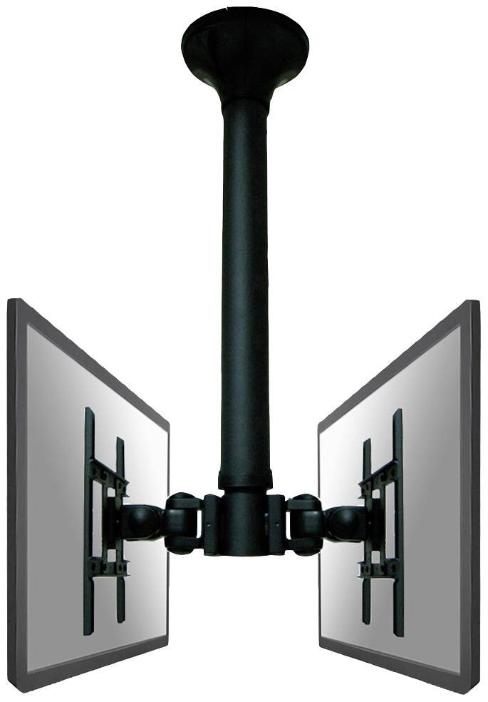 Két képernyő, amelyek egy központi mennyezeti tartórendszerhez vannak rögzítve, ellentétes irányokba mutat.