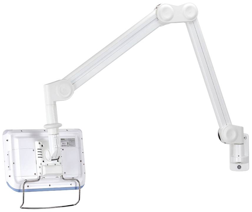 Egy fehér, állítható csuklós monitorkar. Képernyőhöz történő rögzítésre kifejlesztve, amely rugalmas pozicionálást tesz lehetővé.