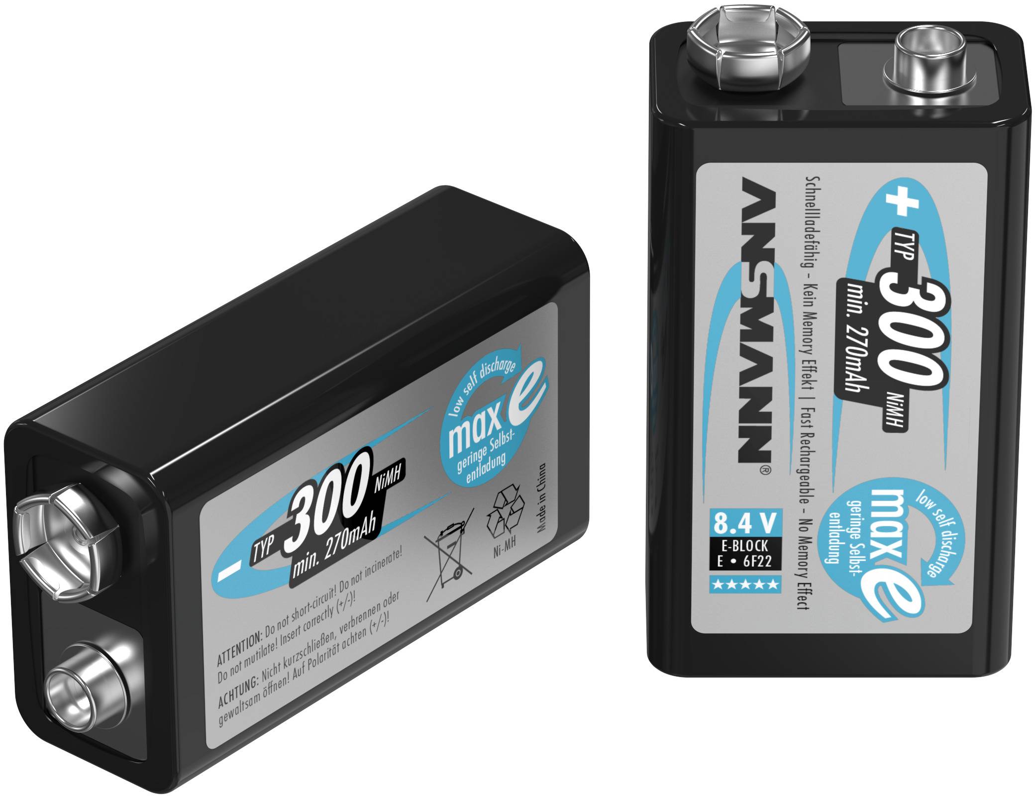 9V akku NiMH 8,4 V 300 mAh, Ansmann maxE 6LR61, HR6F22, HR9V, HR22, 6LR21, 6AM6, 6LP3146, MN1604, E Block