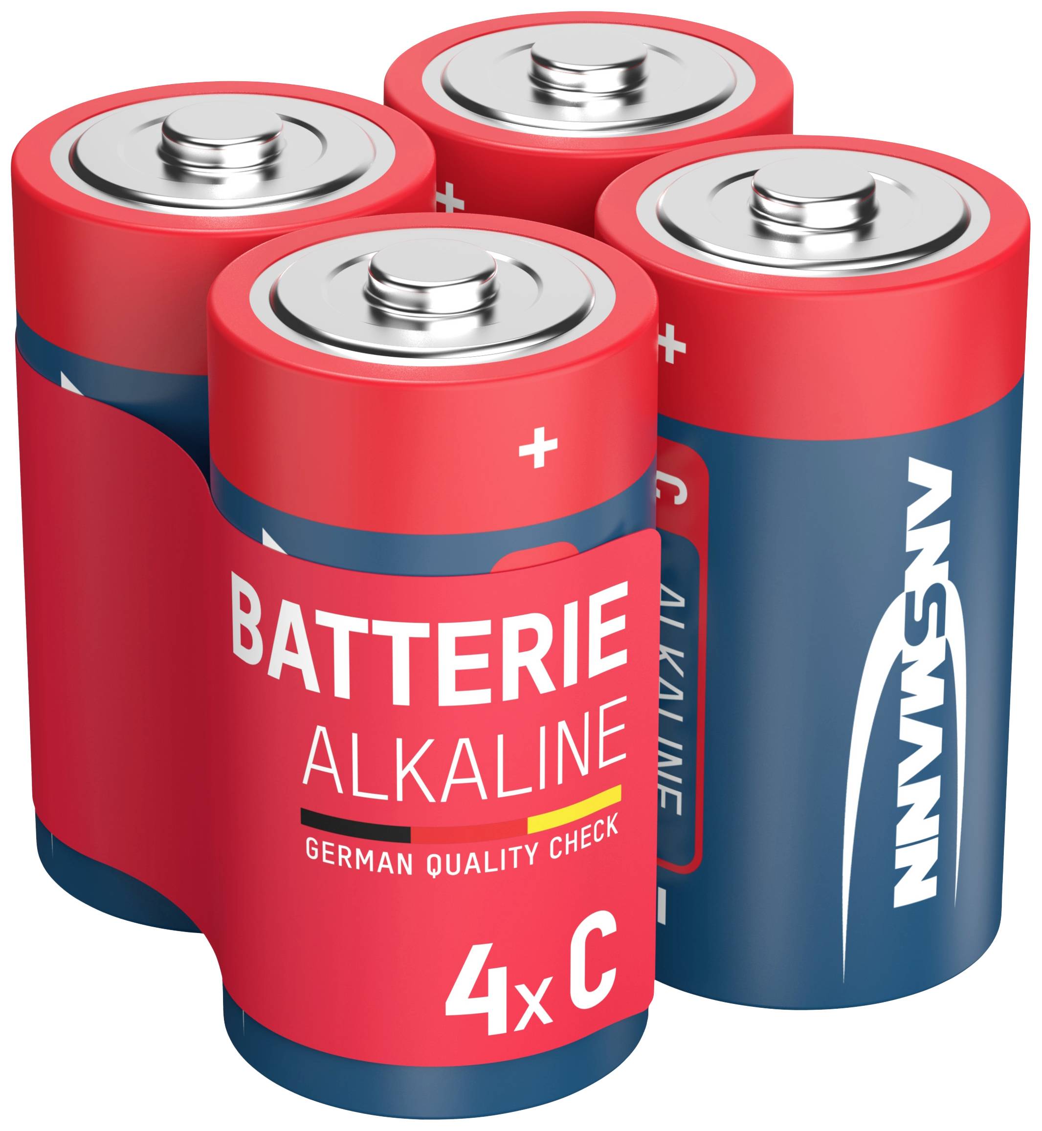 Négy piros és kék alkáli C-típusú elem, amelyeken a 'Batterie Alkaline' és a 'German Quality Check' felirat látható.