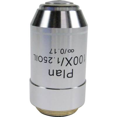 Egy mikroszkóp objektív, amelyen a 'Plan 100X/1.25 Oil ∞/0.17' felirat olvasható. Ezüstszínű, fekete szöveggel.