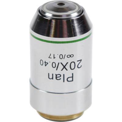 Mikroszkóp objektív, amelyen a '20x/0.40 ∞/0.17 Plan' felirat szerepel, ezüst fémhenger zöld csíkkal a felső részén közel.