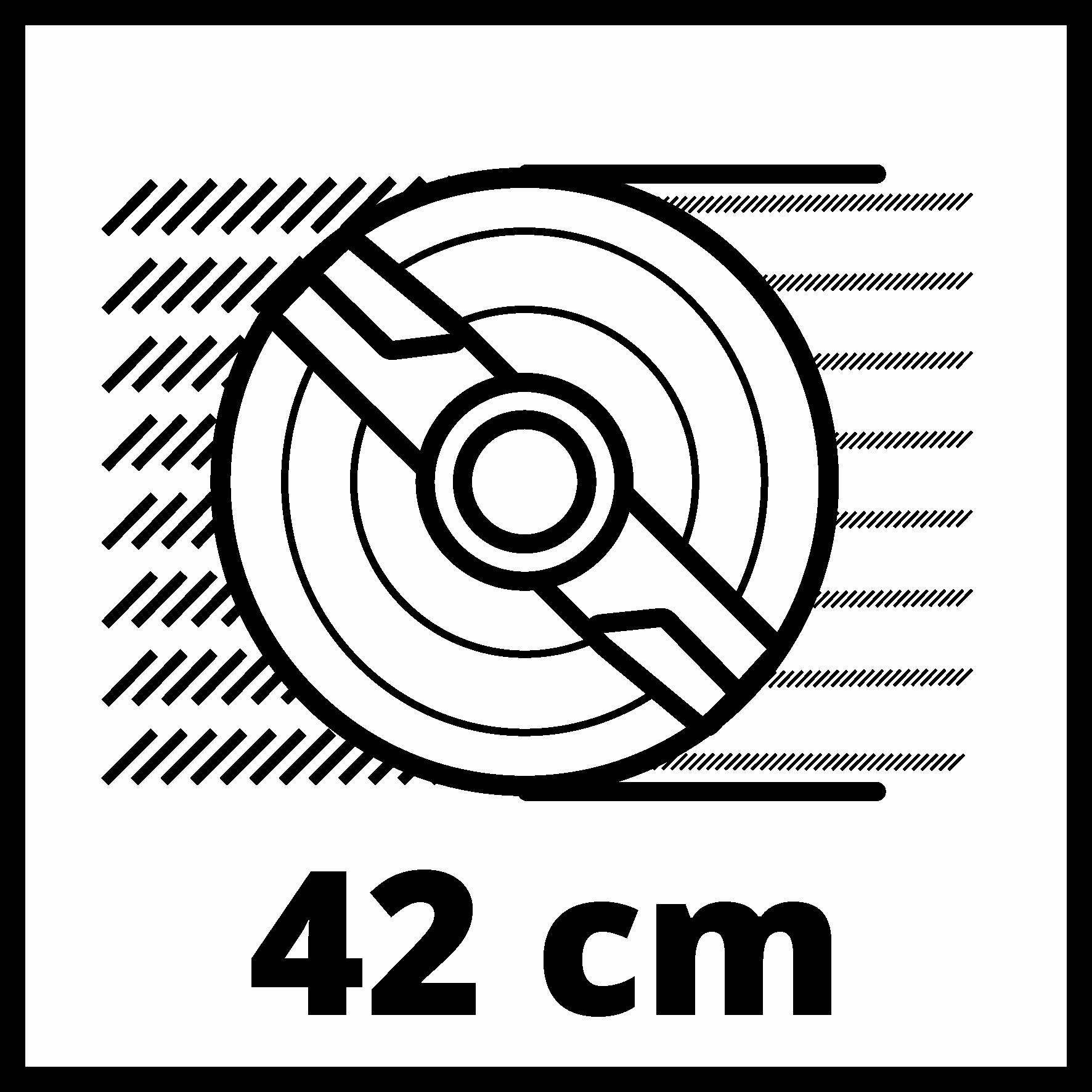 Egy grafikus ábra egy 42 cm átmérőjű körfűrészlap korongját mutatja.