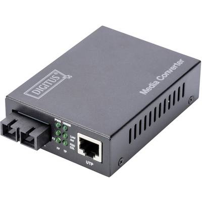 Fekete médikonverter két üvegszálas csatlakozóval és egy Ethernet-porttal. LED-jelzők: PWR, FX, LNK/ACT, FDX/COL.