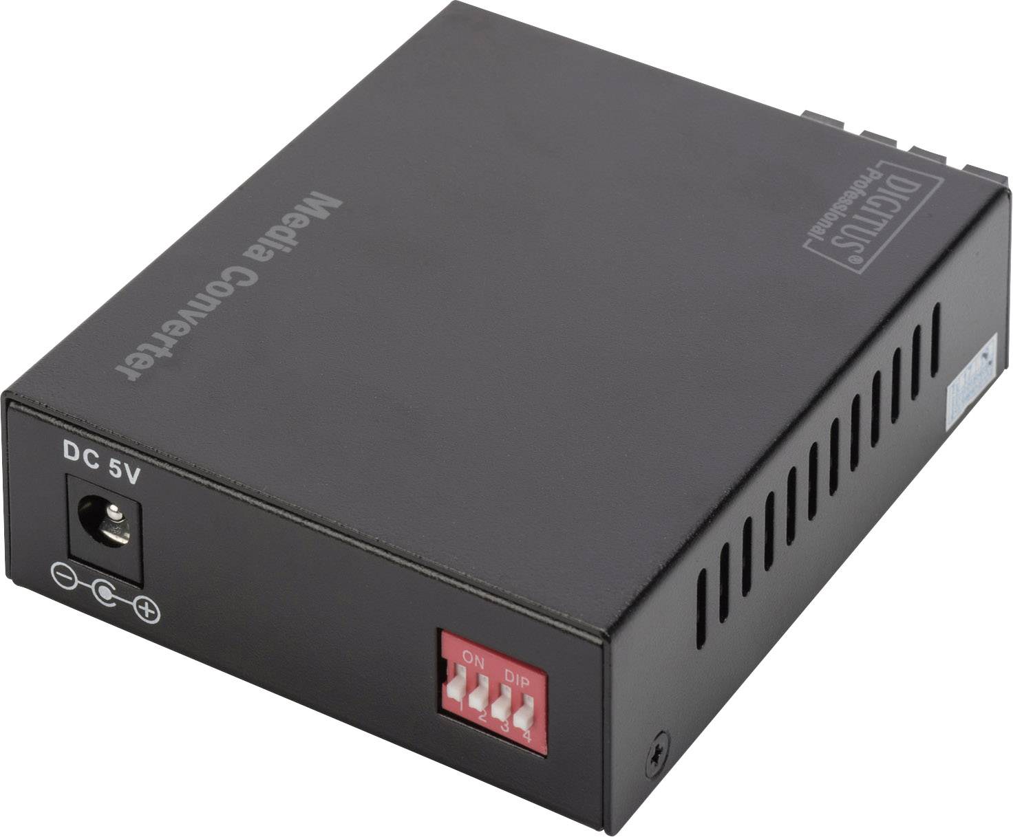 Schwarzer Média Konverter, hálózati tápegység csatlakozóval és kapcsolóval. Hálózati médiumok átalakítására szolgál, tipikus irodai felszerelés.