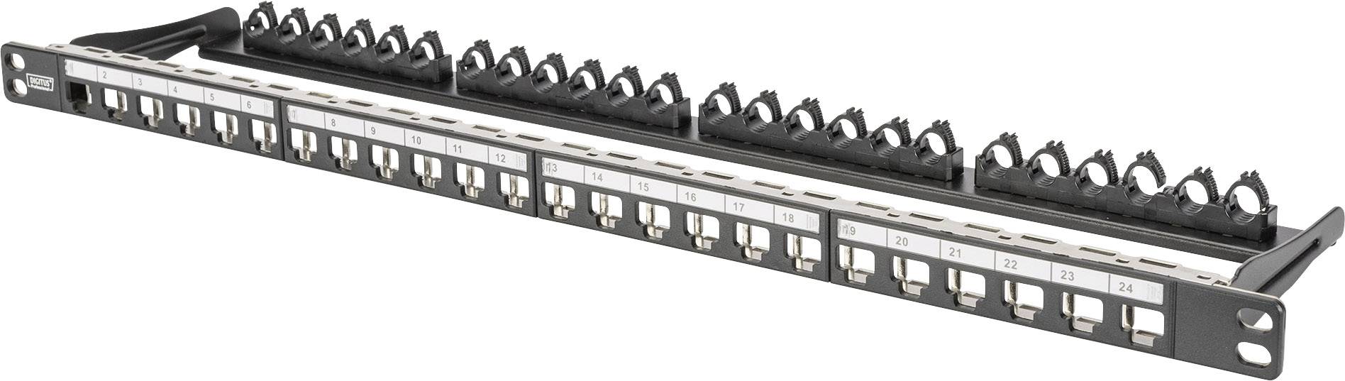 24 portos patchpanel, 1-től 24-ig jelölt portokkal, alkalmas hálózati kapcsolatok szervezésére és kezelésére egy szerverteremben.