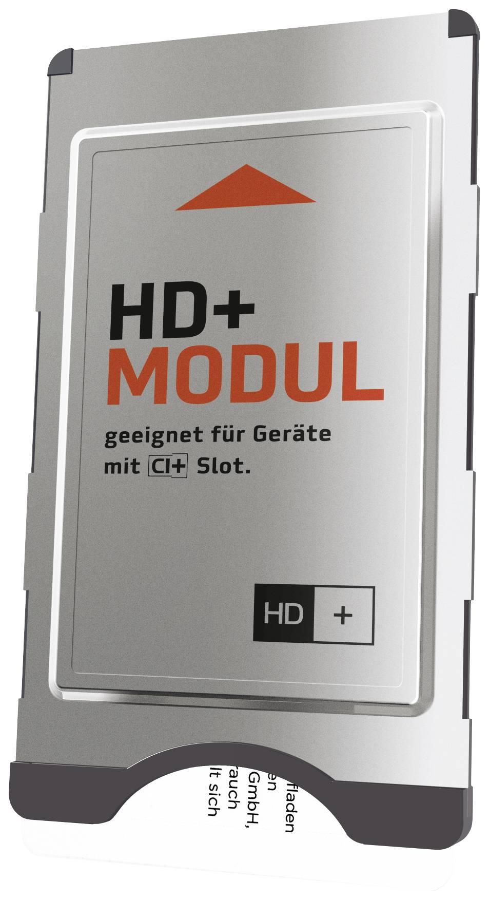 HD+ Modul alkalmas CI+ foglalattal rendelkező készülékekhez, ezüst ház piros nyíllal és fekete szöveggel az elején.