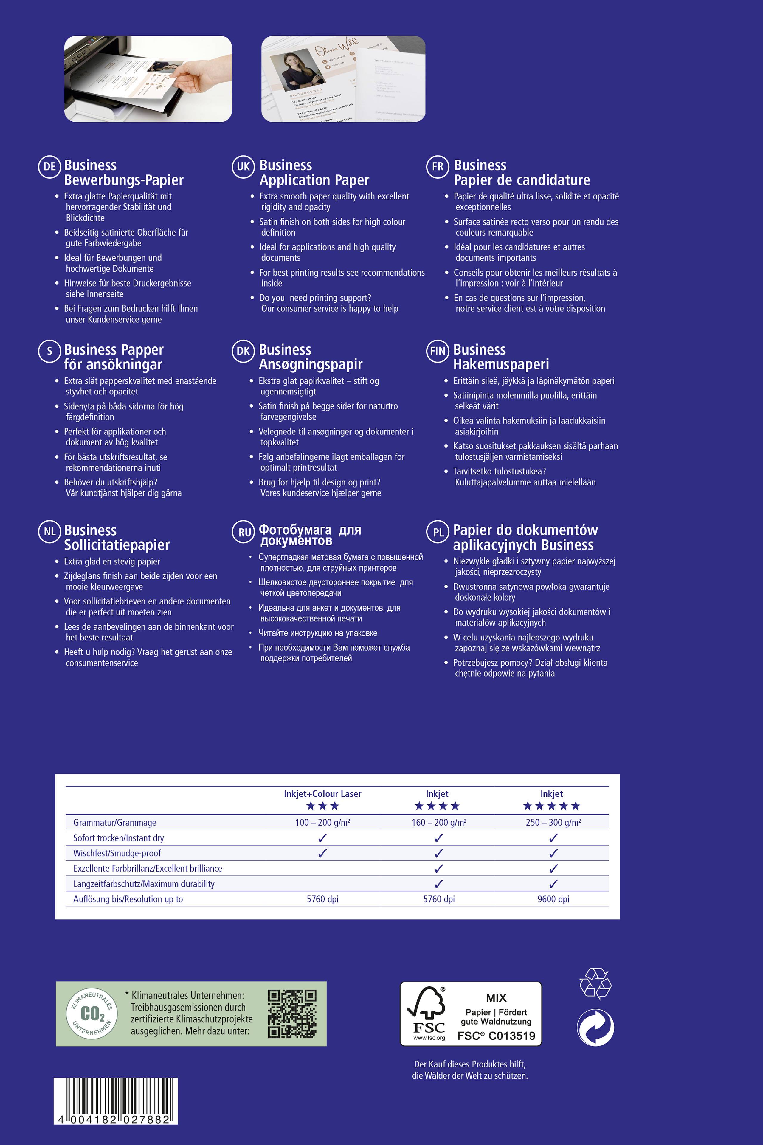 'Üzleti Alkalmazási Papír' terméktulajdonságok lila háttéren. Többnyelvű szöveg ismerteti a papír részleteit és felhasználási területeit.