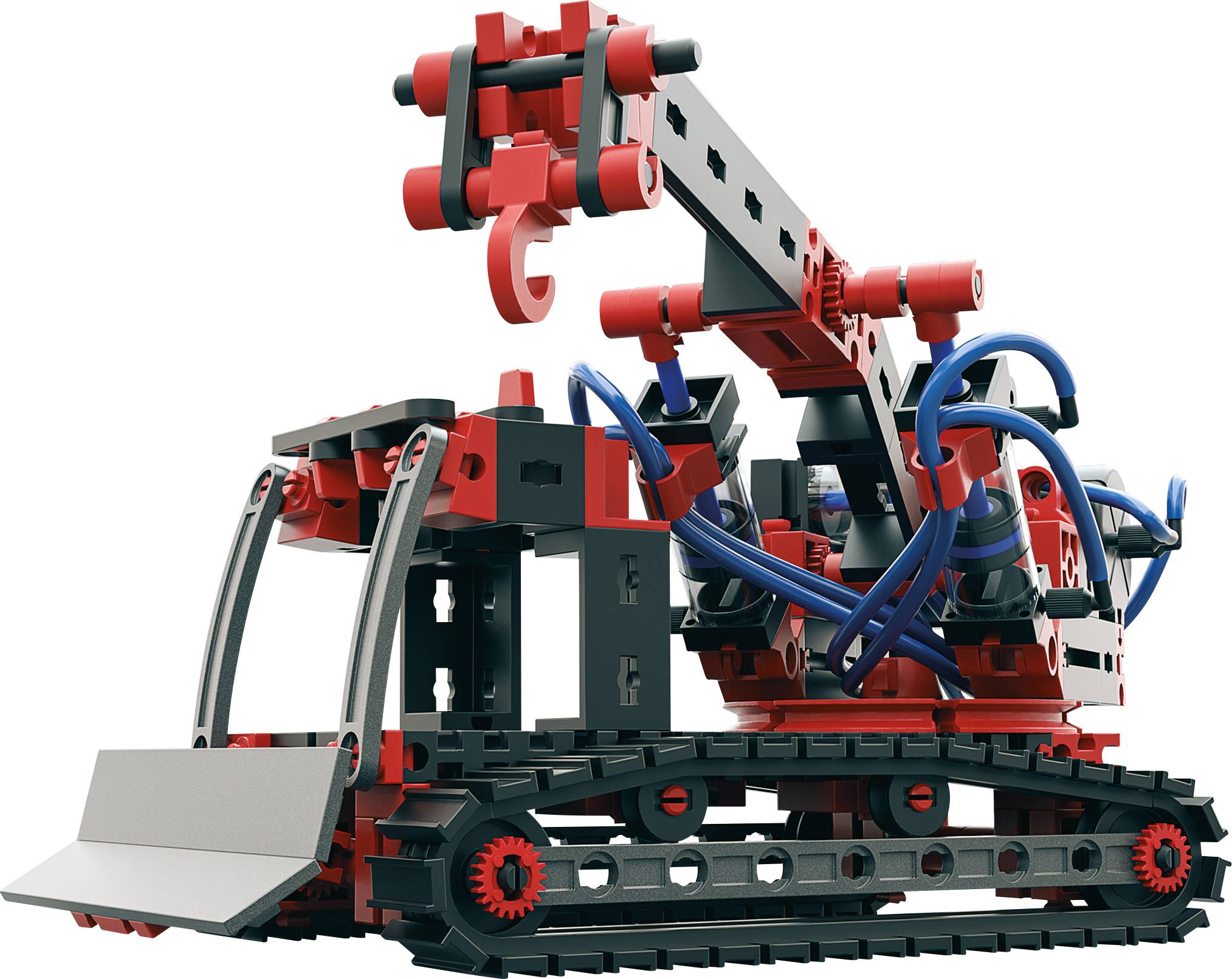 Egy piros-fekete lánctalpas robotkar építőelemekből, fogóhoroggal, kék káberek körülvéve, világos háttér előtt.