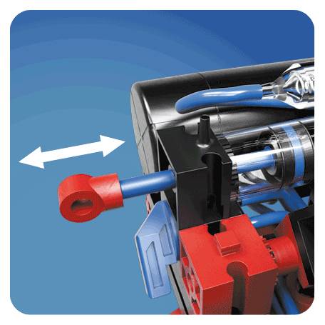 Egy technikai eszköz közeli felvétele, mozgatható piros karral és nyilakkal, amelyek a mozgás irányát jelzik. Színséma: piros, kék, fekete.